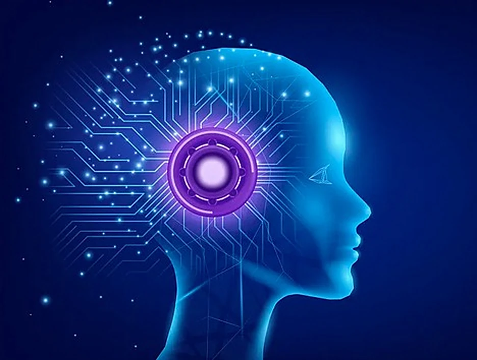 Illustration of a glowing digital human head with circuit lines and a violet core