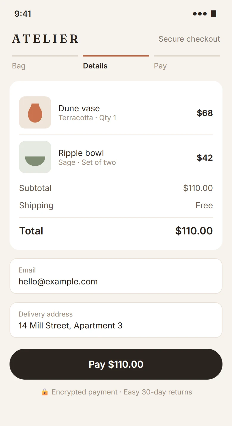 Atelier concept: one-page mobile checkout