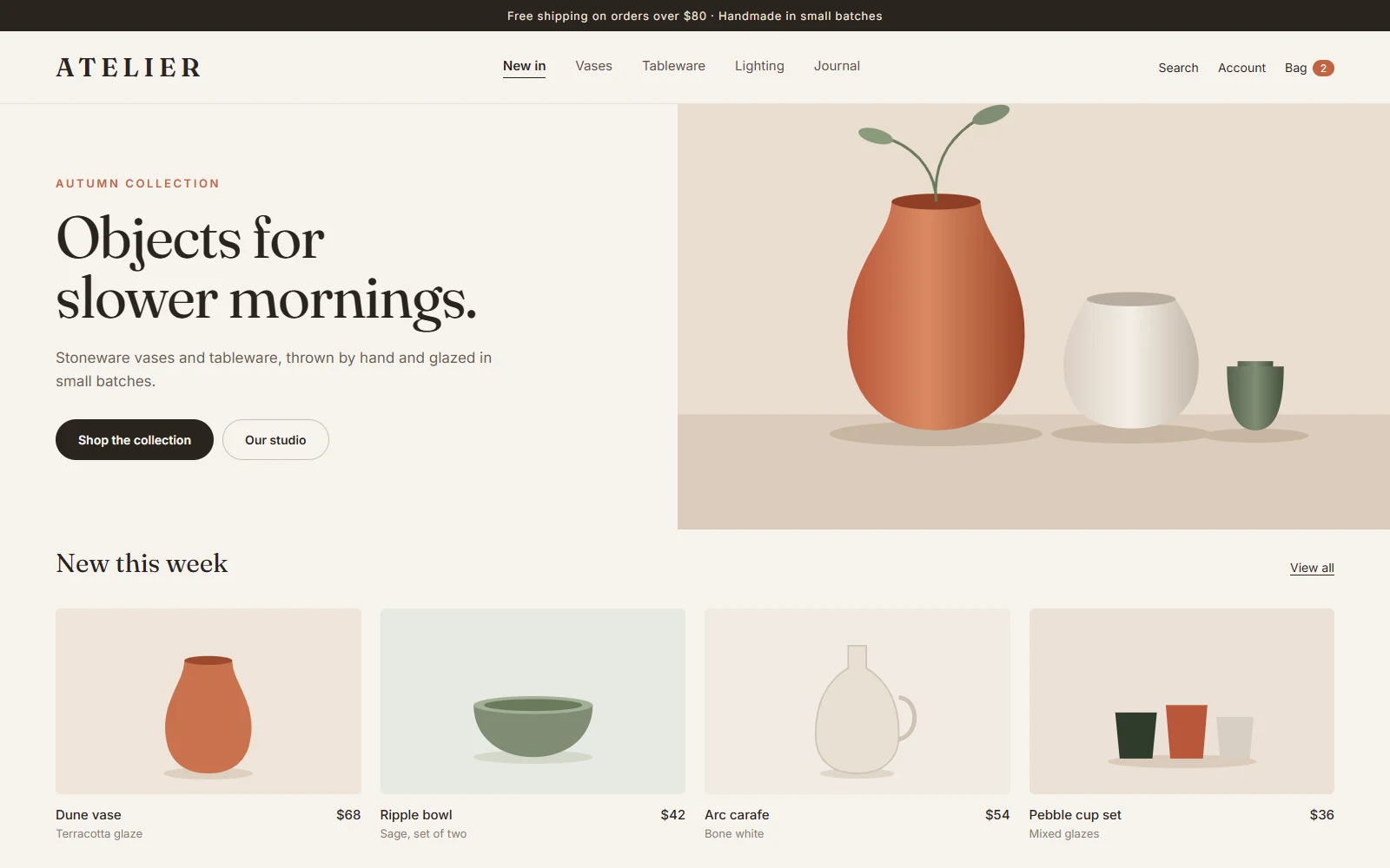 Atelier concept: ceramics storefront homepage with new products