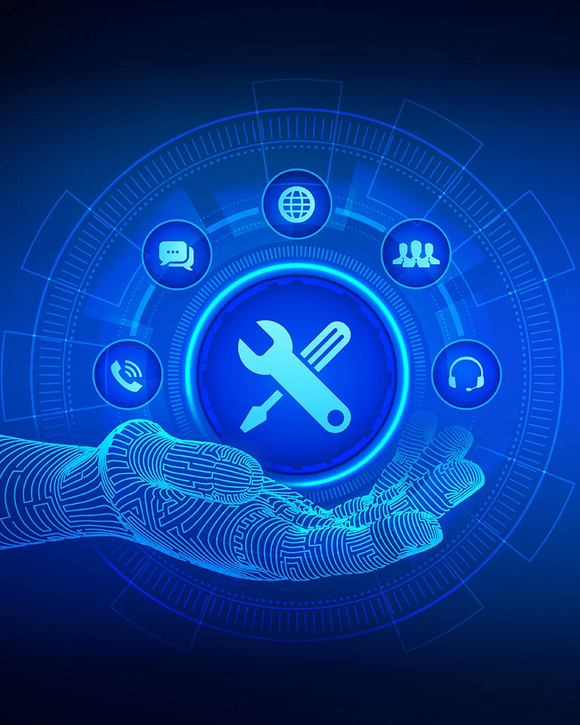 Wireframe hand holding a glowing support and maintenance icon