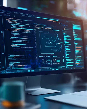 Code and analytics on a monitor in a dark office