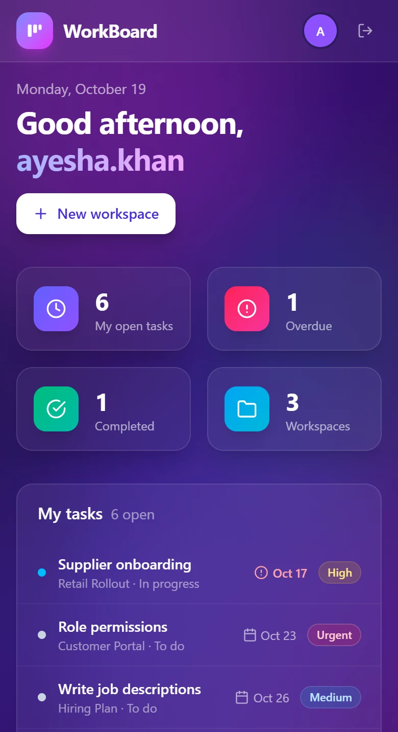WorkBoard dashboard on a phone: open, overdue and completed tasks and the list of assigned work