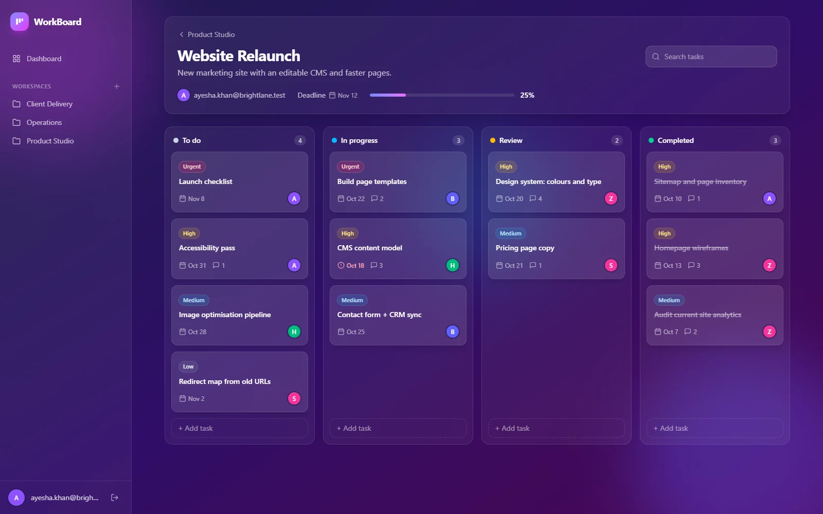 WorkBoard: Kanban board for the Website Relaunch project with To do, In progress, Review and Completed columns