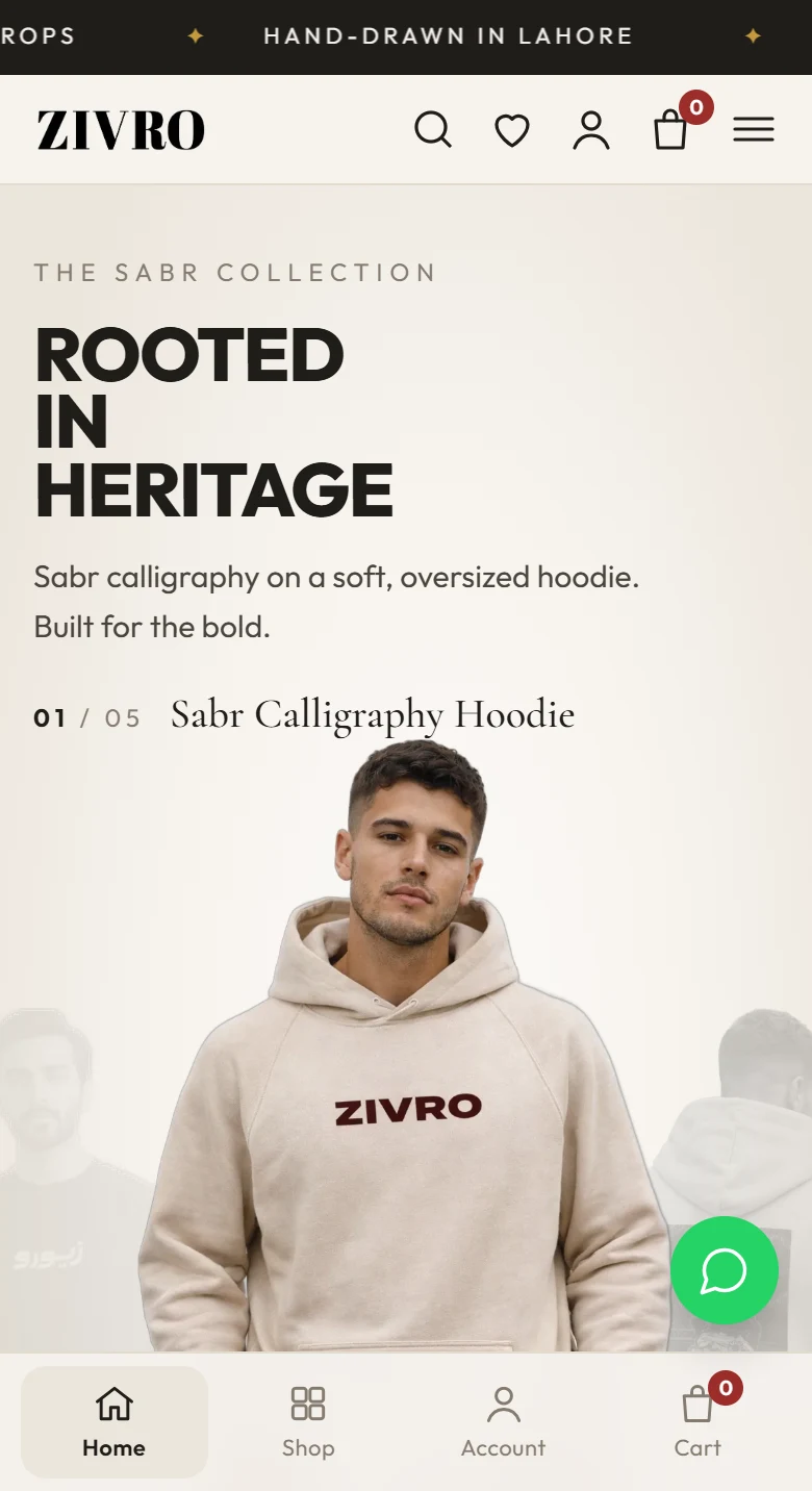 ZIVRO store on a phone, with the app-style tab bar and WhatsApp button