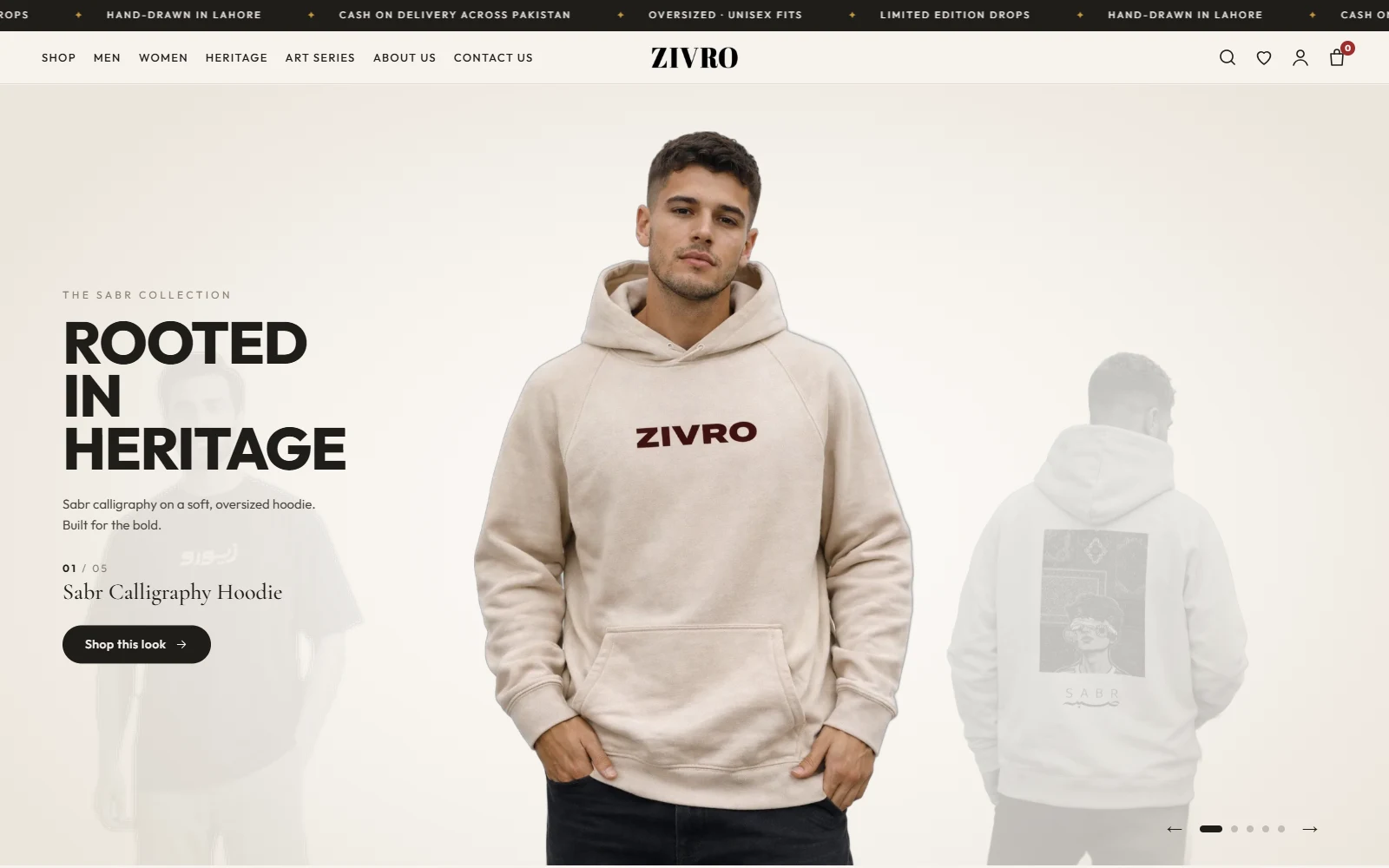 ZIVRO streetwear store homepage: cut-out model hero carousel for the Sabr Calligraphy Hoodie
